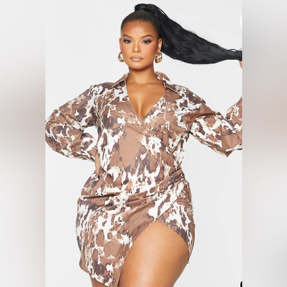 PLT-Plus Brown Cowprint Wrap Dress